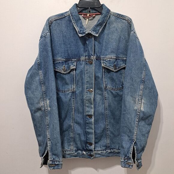 Free People Ramona Distressed Western Vintage Denim Trucker Jacket Lrg Southbank - Picture 8 of 16